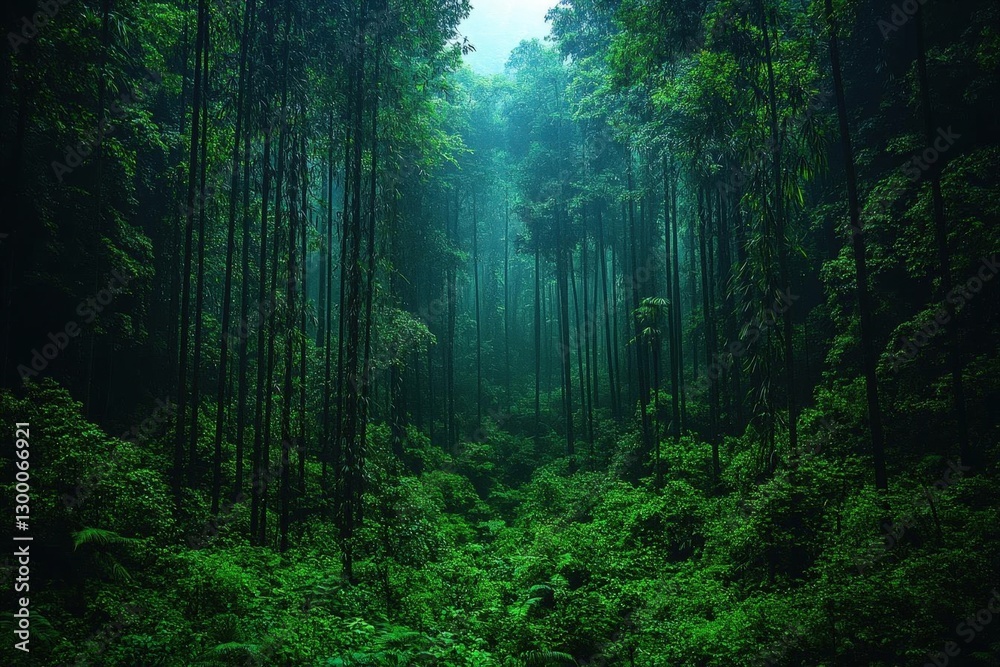 Obraz premium Dark Lush Forest Path With Verdant Trees