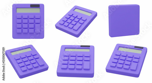 Set de calculadoras 3D estilo cartoon en tonos violetas desde diferentes ángulos para diseño de proyectos