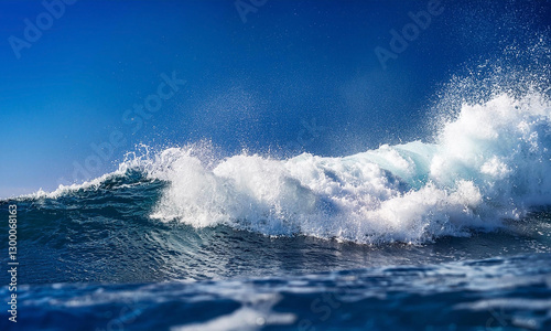 Powerful Ocean Wave Crashing Under Blue Sky