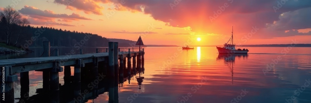 Rustic Finnish pier, fishing boat, sunset reflection, scandinavia, lake scenery Rustic Finnish pier, fishing boat, sunset reflection, scandinavia, lake scenery