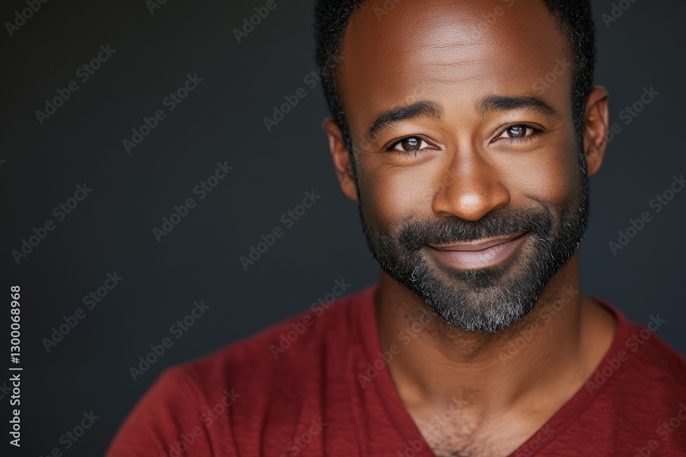 Fototapeta premium A joyful bearded black man smiles broadly while looking directly into the camera, exuding warmth and happiness in soft, flattering light