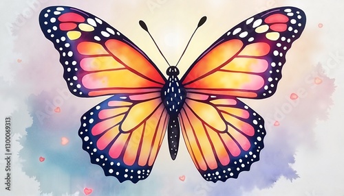 A Vibrant Watercolor Butterfly in Orange and Pink with Floating Hearts