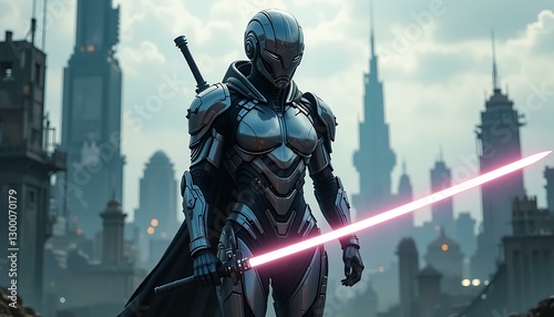 Futuristic Female Cyborg Warrior with Lightsaber in Cyberpunk City