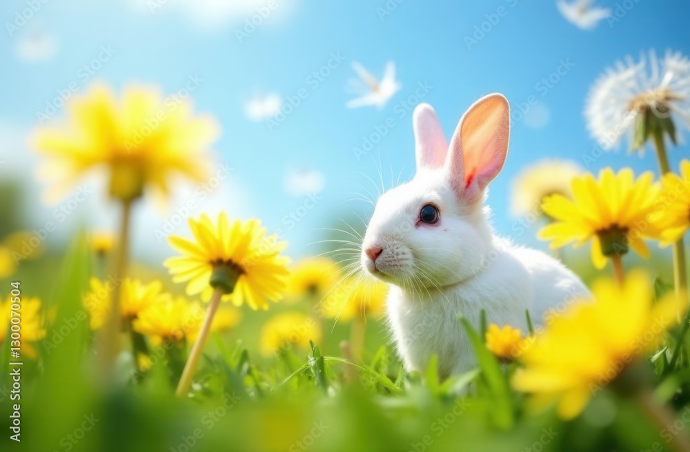 White rabbit in meadow with yellow dandelions on a sunny day White rabbit in meadow with yellow dandelions on a sunny day