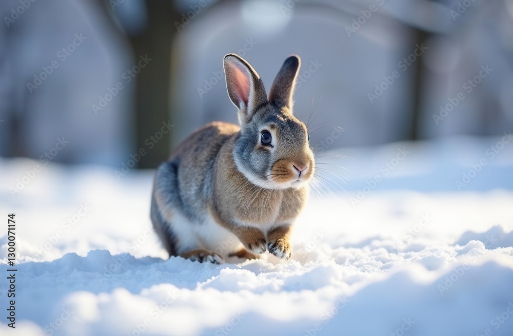 Obraz premium Cute brown rabbit in snowy landscape with soft focus background