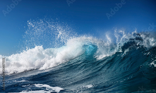 Majestic Ocean Wave in Motion Against Clear Blue Sky
