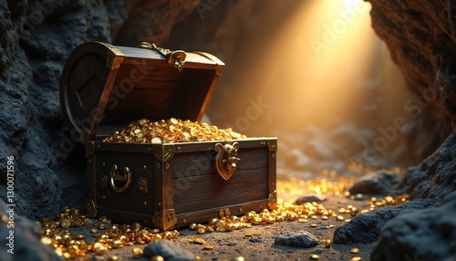 Old wooden treasure chest filled with gold coins, gems in cave. Ancient pirate wealth. Shiny gold coins scattered around box. Fortune, adventure, luxury, secret, finding precious treasures. Discovery