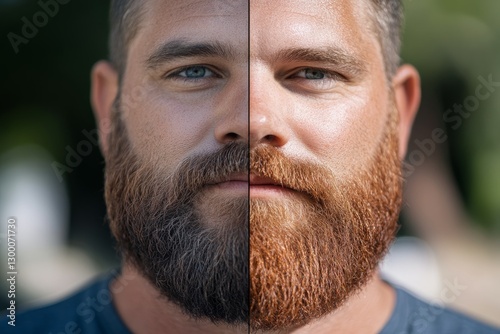 Outdoor portrait of a man with a full beard captured in natural daylight, highlighting facial details from two angles for visual interest and depth