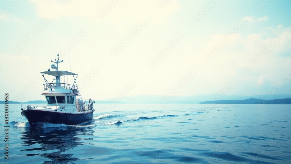 Obraz premium A boat cruises on a calm sea under a clear sky, embodying a nautical theme.