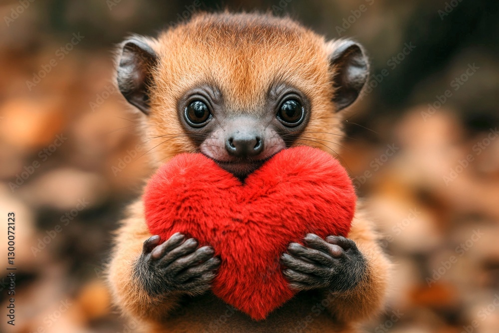 Fototapeta premium Kinkajou - my treasured animal. Ad animal creative. Cute kinkajou baby with fluffy red heart on in a natural habitat. Natureâ€™s most romantic moment. Romantic nature-inspired greeting.