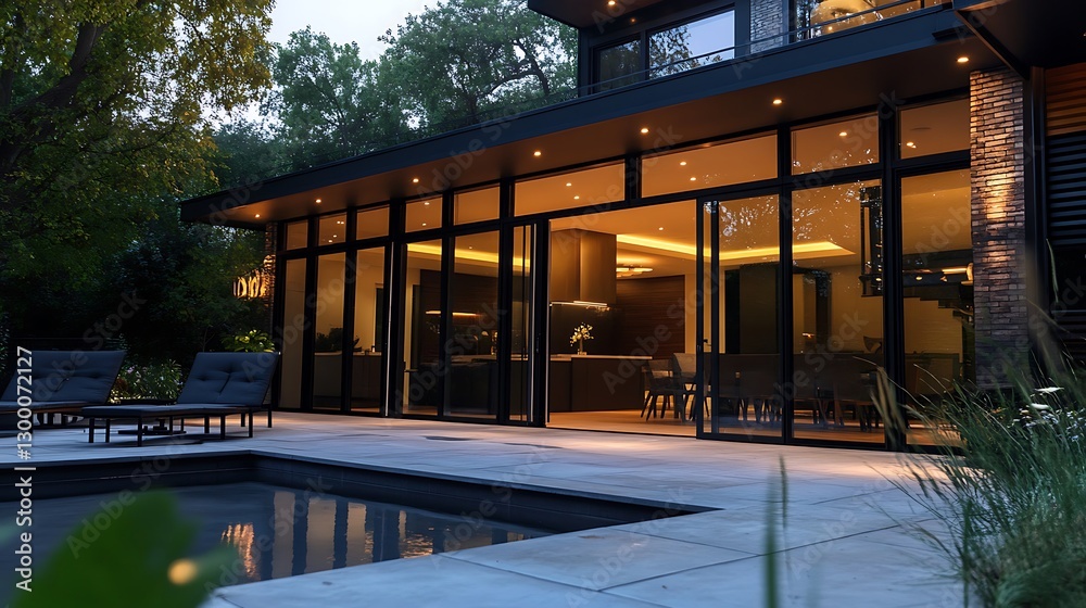 Obraz premium Luxury Home Exterior with Pool and Modern Architecture at Twilight