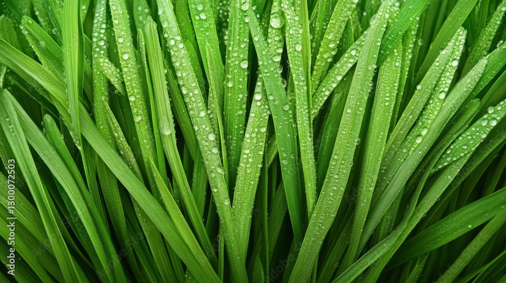Fototapeta premium Raindrops dancing on fresh green grass nature macro photography outdoor close-up captivating beauty