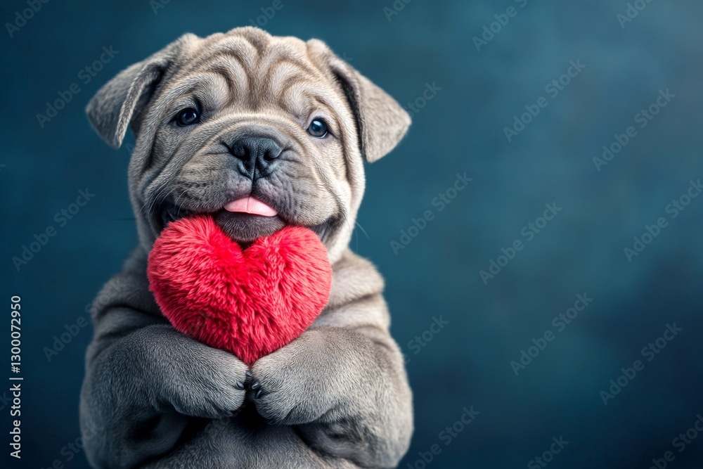 Obraz premium Ad idea. Cute chinese shar-pei canine with fluffy red heart - emblem of love, funny greeting card. Chinese shar-pei - my preferred dog. Valentine's day pet accessories. Valentine's day.