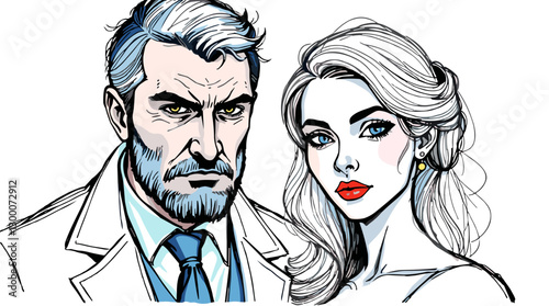 featuring a sophisticated European couple with cool-toned styling