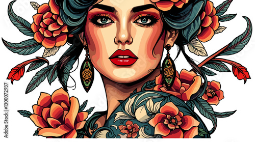 featuring a beautiful woman in traditional tattoo art style with vibrant colors and ornate details