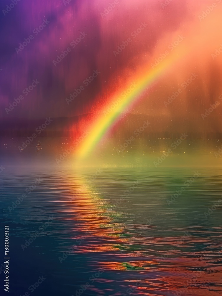 Reflections of a colorful arc over serene waterscape, ethereal light Reflections of a colorful arc over serene waterscape, ethereal light