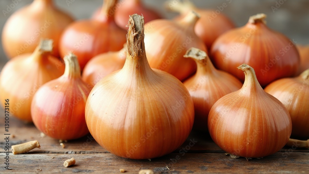 Fototapeta premium A close-up of several fresh onions, showcasing their smooth, golden-brown skins and dried stems, representing the onion family vegetables.