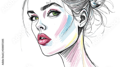 Stylized portrait of a striking young woman with colorful face paint and a stylish updo 