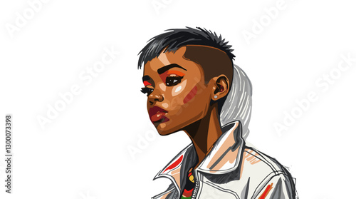 Stylized portrait of a fashionable young woman with an edgy haircut and bold makeup
