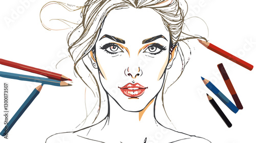 Artistic sketch of a young woman surrounded by colored pencils