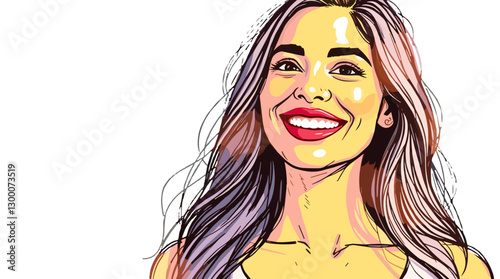 Stylized portrait of a cheerful young woman with long hair and a bright smile