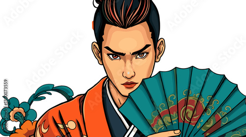Stylized portrait of a young man in traditional attire holding a decorated fan