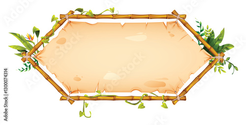 Hexagonal bamboo frame with tropical plants and vines framing an empty parchment paper. Vector cartoon illustration