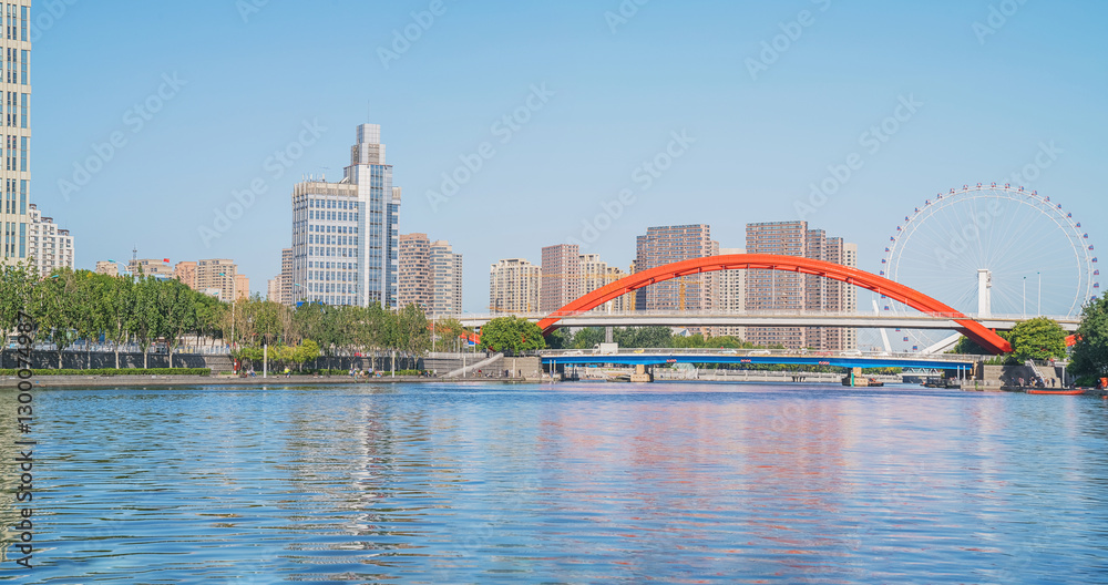 The urban architectural skyline, modern bridges, and Haihe River scenery of Tianjin, China on August 11, 2024 The urban architectural skyline, modern bridges, and Haihe River scenery of Tianjin, China on August 11, 2024
