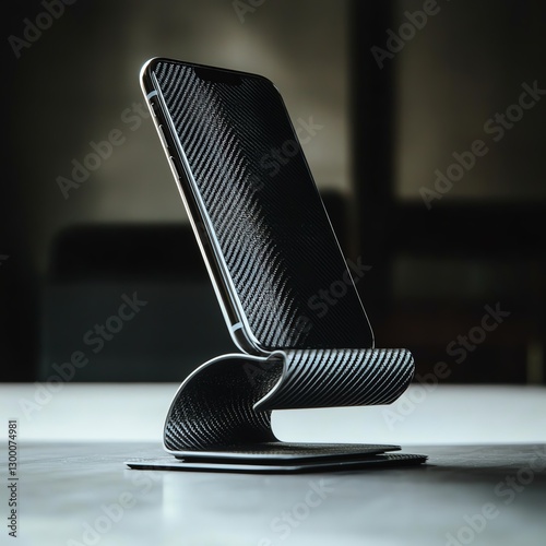 Modern phone stand with sleek design on a minimalist background.