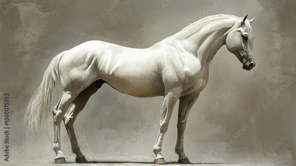 Fototapeta premium A majestic white horse standing in a neutral background with a graceful and elegant posture