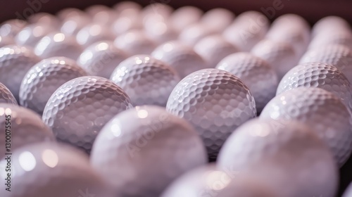 A series of white golf balls are arranged in a precise pattern, reflecting soft light and highlighting their textured dimples, emphasizing uniformity and focus