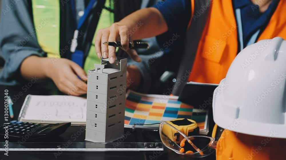 Professional collaboration in architecture. Two engineers work on construction plans, using tools like laptops, tablets, and scale models. Professional collaboration in architecture. Two engineers work on construction plans, using tools like laptops, tablets, and scale models.