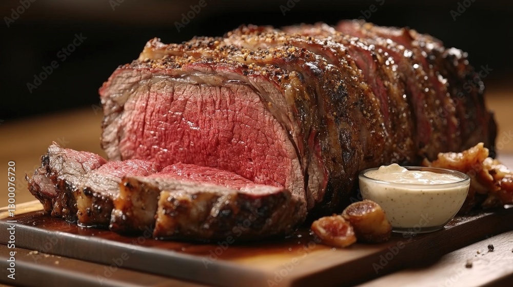 Roasted Beef Rib Roast Slices with Sauce on Wooden Board Roasted Beef Rib Roast Slices with Sauce on Wooden Board