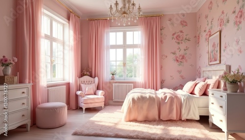 Bright light pink kid room interior for girl. White furniture, flower wallpaper, soft carpet. Bed with pillows, armchair near window, chest of drawers with decor, creating cozy modern home design.