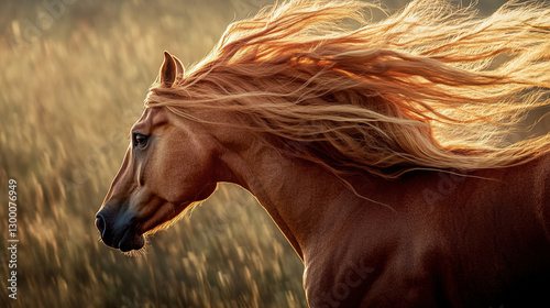A stunning golden horse with flowing hair running through a sunlit field, capturing the essence of freedom


