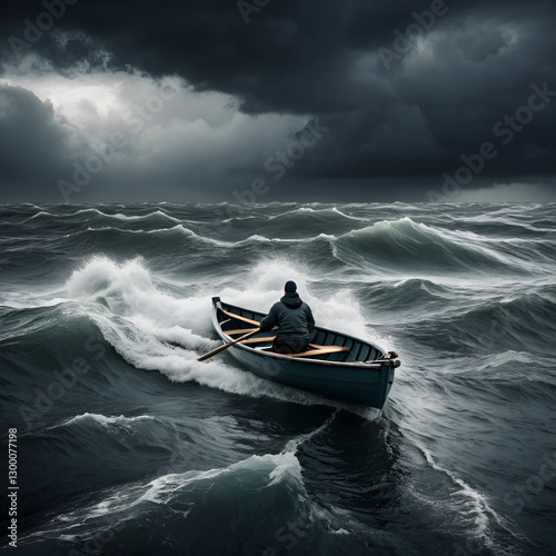 Man rowing a small boat through rough waters under a dark, stormy sky, symbolizing struggle and determination in adversity. photo