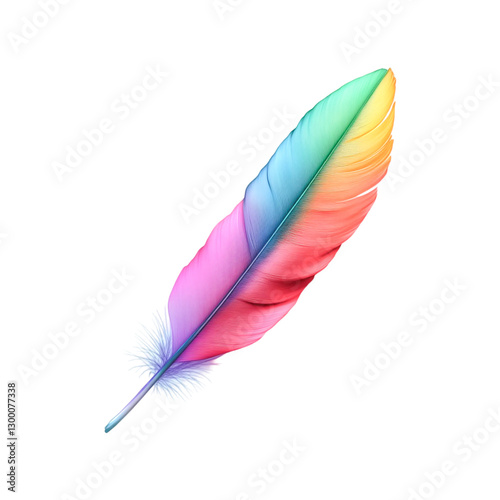 A vibrant rainbow feather floats gently on a black background light and airy