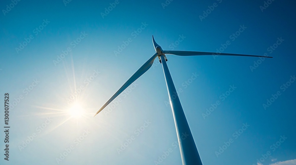 Wind Turbine Against Bright Blue Sky with Sunlight Gleaming Through Clear Atmosphere Wind Turbine Against Bright Blue Sky with Sunlight Gleaming Through Clear Atmosphere