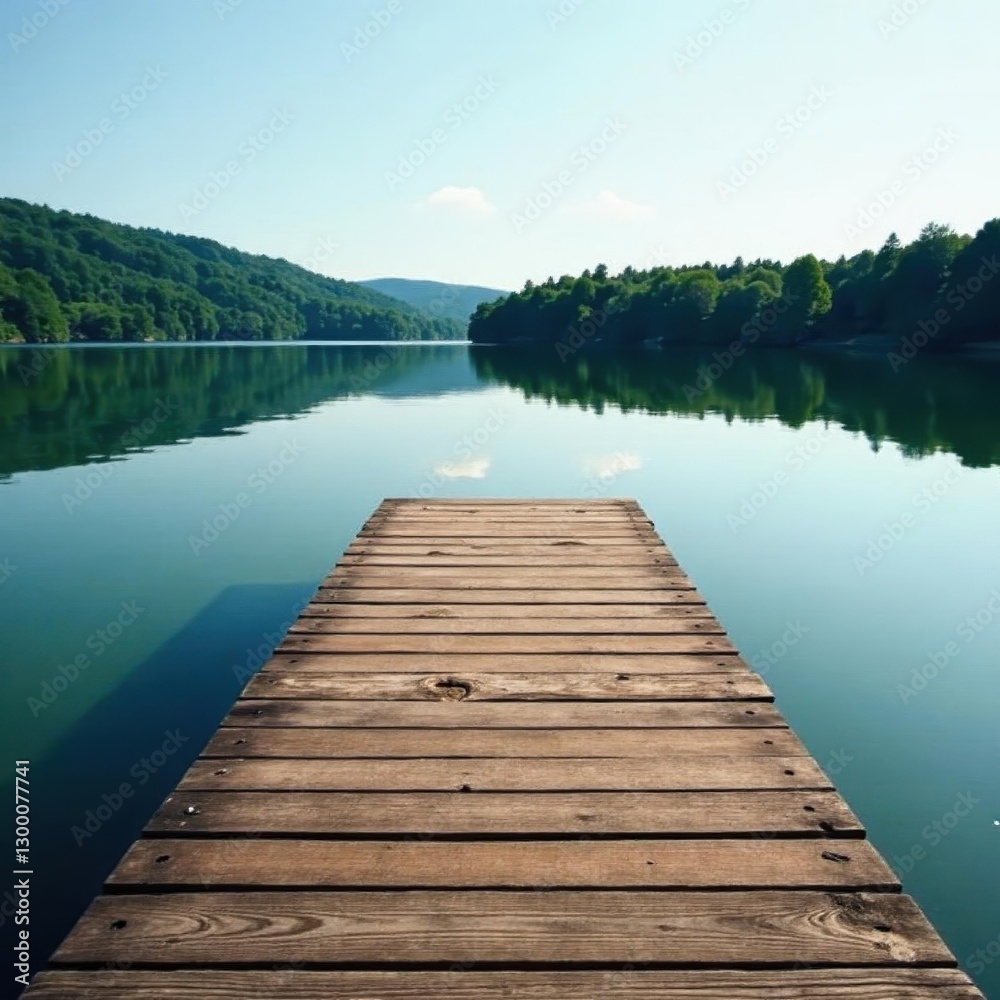 Rustic wooden dock extends over calm lake water, tranquil, plants, solitude Rustic wooden dock extends over calm lake water, tranquil, plants, solitude