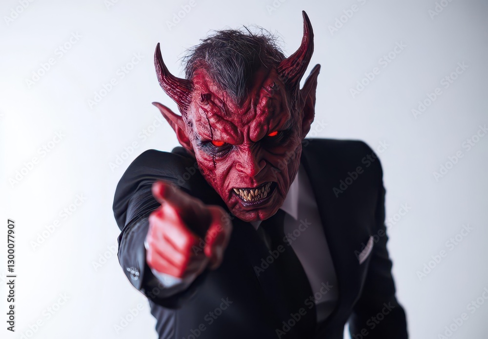 Red Devil Mask Man Pointing in Business Suit Red Devil Mask Man Pointing in Business Suit