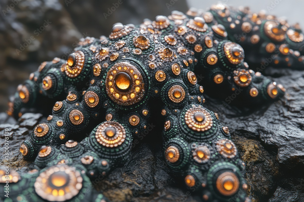 Obraz premium Close-up of a beautifully textured octopus-like creature resting on a rocky surface by the ocean