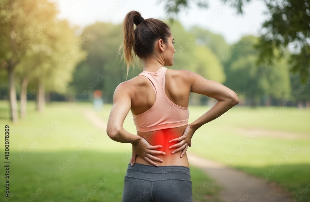 Young adult female runner feels muscle pain. Woman ache in back, holds lower back with hands in park, outdoors. Sports injuries, medical concept. Piriformis Syndrome, Low Back Pain, Spinal Young adult female runner feels muscle pain. Woman ache in back, holds lower back with hands in park, outdoors. Sports injuries, medical concept. Piriformis Syndrome, Low Back Pain, Spinal