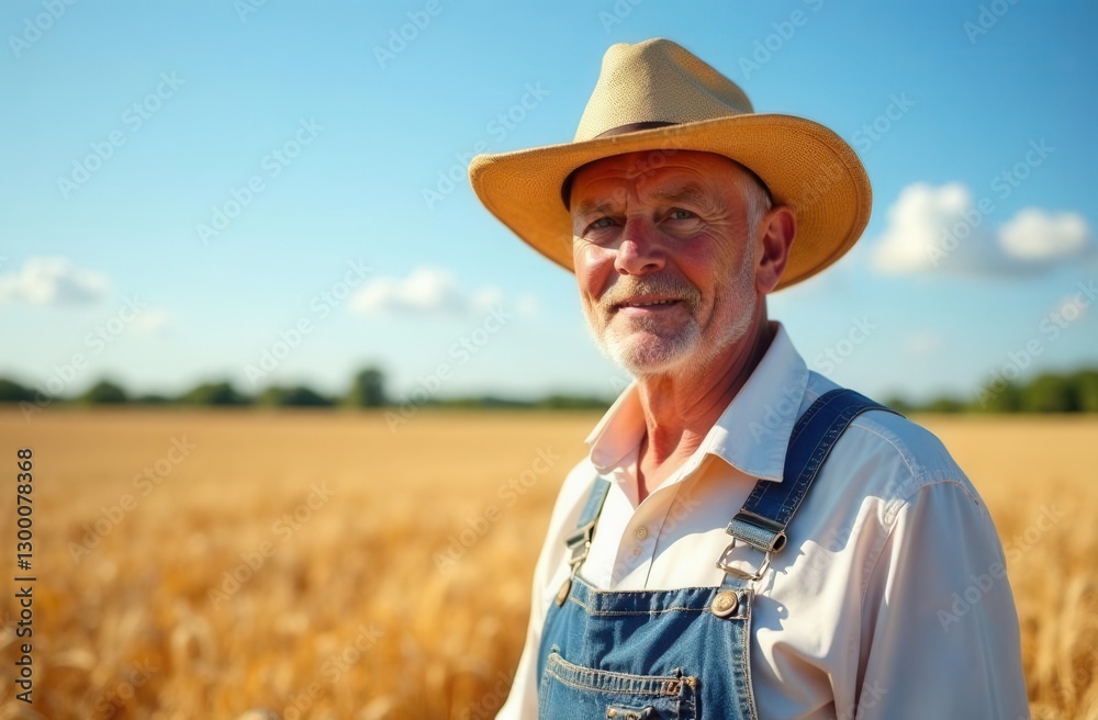 Fototapeta premium Elderly caucasian male farmer in wheat field with straw hat under blue sky