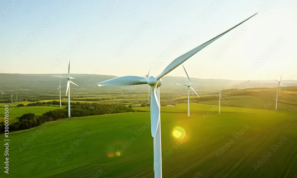 Wind turbines spinning in a green field, providing sustainable energy with a scenic backdrop