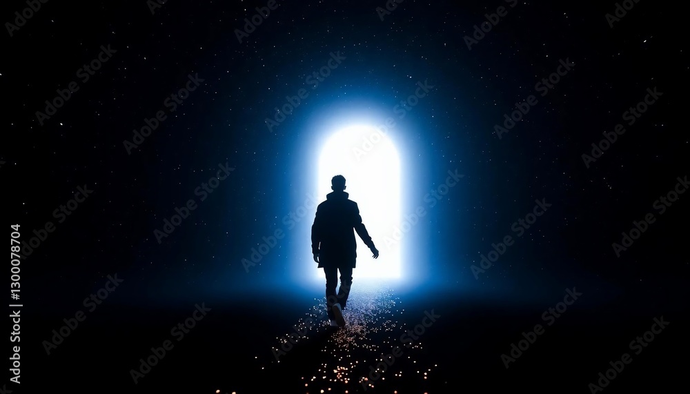 Silhouette of a Man Walking Towards a Bright Light, a Symbol of Hope and New Beginnings Silhouette of a Man Walking Towards a Bright Light, a Symbol of Hope and New Beginnings