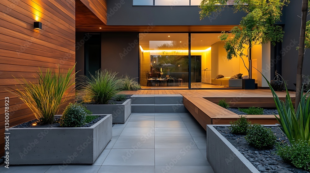 Fototapeta premium Walking Along Modern Stone Patio with Planters and Wooden Deck