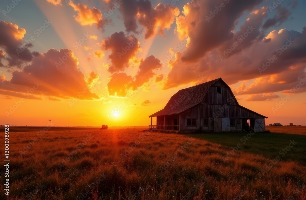 Rustic barn at sunset with dramatic clouds in countryside landscape Rustic barn at sunset with dramatic clouds in countryside landscape