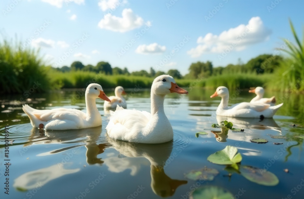 Fototapeta premium White ducks swimming in serene pond on a sunny day with blue skies and lush greenery