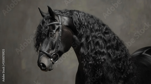 A dramatic portrait of a black Friesian horse with a wavy mane against a textured background, radiating power

