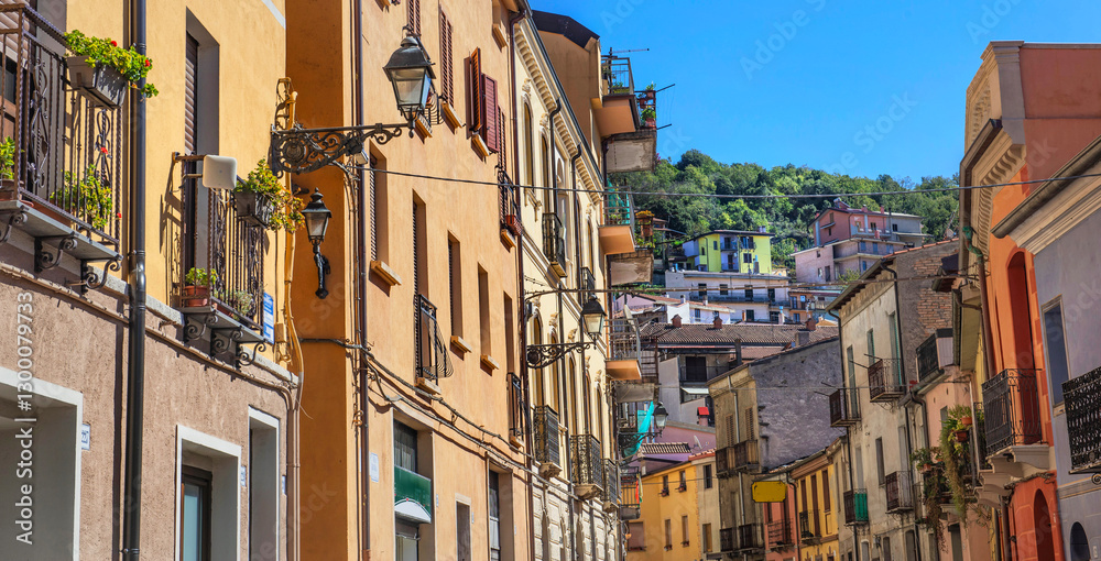 view on facades of colorful building in a typical Italian village in mountain - Seui sardaigne , italy view on facades of colorful building in a typical Italian village in mountain - Seui sardaigne , italy
